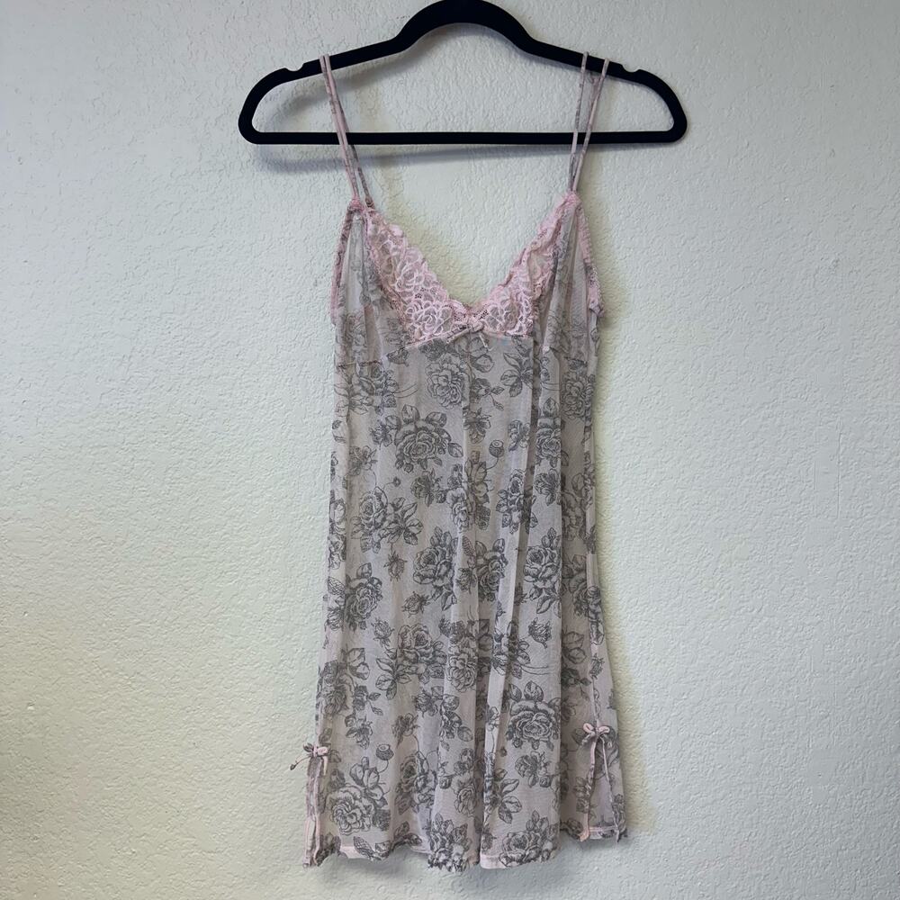 Y2K Women's Floral Mesh Lace Trim Lingerie Chemise Slip Gray Pink